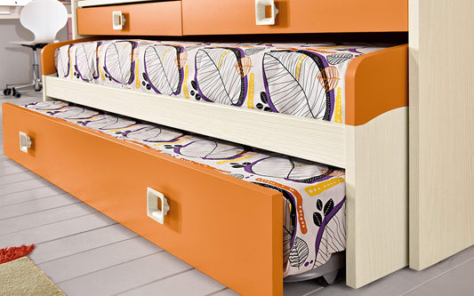 Dafne Italian Design Cameretta Completa a Ponte - Effetto Betulla, Mandarino (Triplo Letto Singolo e Armadio) (cm. 300 x 96 x 259h)