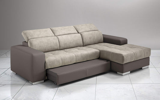 Dafne Italian Design Divano Letto angolare 3 posti con penisola a Destra. Similpelle Talpa, Similpelle Effetto Nabuk Light Grey (cm. 259 x 178 x 94h)