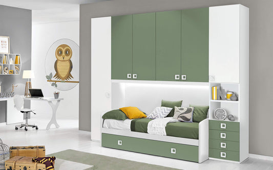 Dafne Italian Design Cameretta Completa a Ponte - Bianco, Salvia (Doppio Letto Singolo e Armadio) (cm. 300 x 96 x 259h)