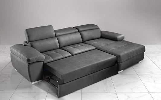Dafne Italian Design Divano Letto angolare 3 posti con penisola a Destra. Similpelle Effetto Nabuk Cenere (cm. 265 x 182 x 97h)