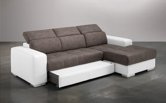 Dafne Italian Design Divano Letto angolare 3 posti con penisola a Destra. Similpelle Bianco, Similpelle Effetto Nabuk Elephant (cm. 259 x 178 x 94h)