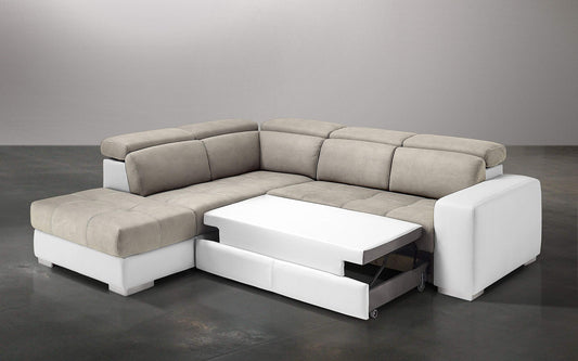 Dafne Italian Design Divano Letto angolare 3 posti con penisola a Sinistra. Similpelle Bianco, Similpelle Effetto Nabuk Light Grey (cm. 266 x 230 x 94h)