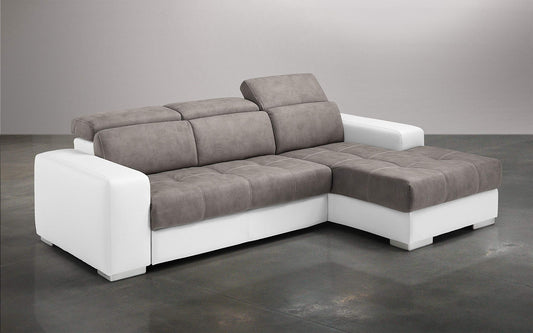 Dafne Italian Design Divano Letto angolare 3 posti con penisola a Destra. Similpelle Bianco, Similpelle Effetto Nabuk Talpa (cm. 259 x 178 x 94h)