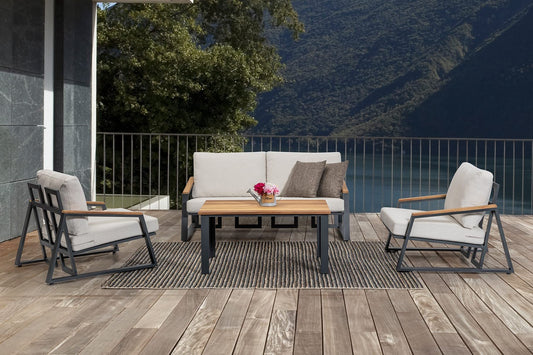Dafne Italian Design Salotto da giardino per uso professionale, in alluminio antracite, cuscini beige chiaro/corda compresi. n.1 divano 3 posti, n.2 poltrone, n.1 tavolino.