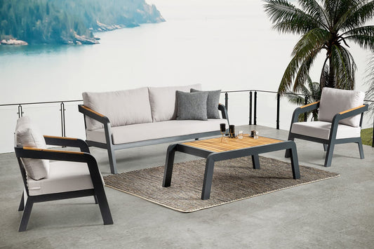 Dafne Italian Design Salotto da giardino per uso professionale, in alluminio antracite, cuscini grigio chiaro compresi. n.1 divano 3 posti, n.2 poltrone, n.1 tavolino.