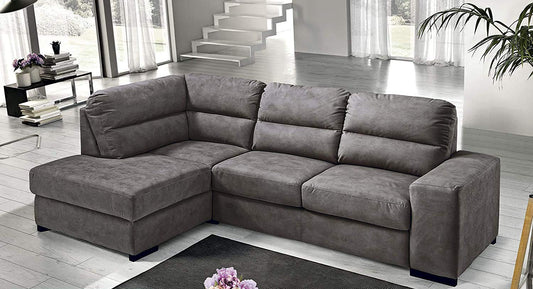 Dafne Italian Design Divano Letto angolare 3 posti con penisola a Sinistra. Similpelle Effetto Nabuk Granit Grey (cm. 251 x 175 x 97h)