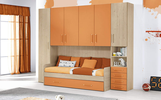 Dafne Italian Design Cameretta Completa a Ponte - Effetto tiwi Miele, Albicocca (Doppio Letto Singolo e Armadio) (cm. 295 x 93 x 245h)