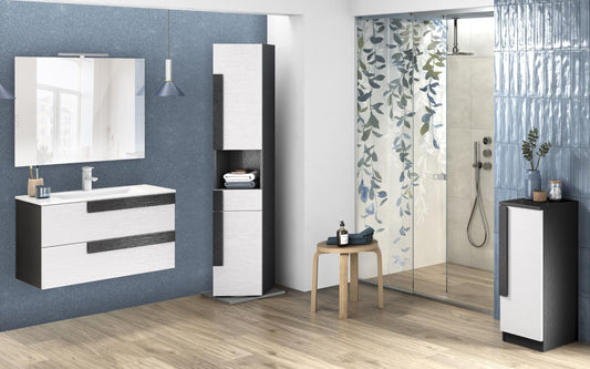 Dafne Italian Design Mobile da bagno componibile sospeso Sandie colore nero e bianco cm 81x46x189 (base, lavabo, specchio) - colonna girevole anta dx cm. 35x34x180 - mobile con anta dx cm 35x34x85