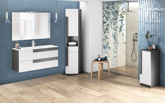 Mobile da bagno sospeso "Sandie" colore grigio scuro e bianco componibile cm 101x46x189 (base, lavabo, specchio) - colonna girevole anta dx cm. 35x34x180 - mobile con anta dx cm 35x34x85