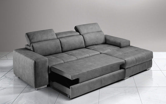 Dafne Italian Design Divano Letto angolare 3 posti con penisola a Destra. Similpelle Effetto Nabuk Cenere (cm. 259 x 178 x 94h)