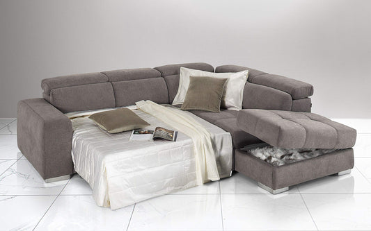 Dafne Italian Design Divano Letto angolare 3 posti con penisola a Destra. Tessuto Romeo Nocciola (cm. 266 x 230 x 94h)
