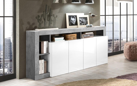 Dafne Italian Design Mobili da soggiorno moderni Amby color bianco lucido e grigio cemento base tv cm. 184x41x58 e madia cm. 184x41x93