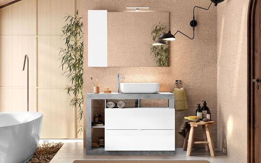 Dafne Italian Design Mobile da bagno Amby finitura bianco lucido e grigio cemento cm 110x47x90 (base, lavabo, specchio, pensile)