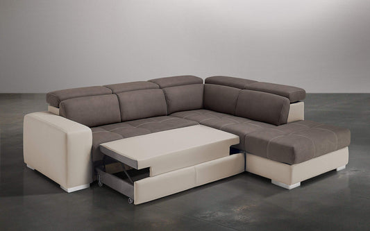 Dafne Italian Design Divano Letto angolare 3 posti con penisola a Destra. Similpelle Sabbia, Similpelle Effetto Nabuk Elephant (cm. 266 x 230 x 94h)