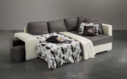 Dafne Italian Design Divano Letto angolare 2 posti con penisola a Destra. Similpelle Crema, Tessuto Antracite (cm. 267 x 158 x 88h)