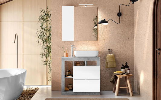 Dafne Italian Design Mobile da bagno Amby finitura bianco lucido e grigio cemento cm 78x47x90 (base, lavabo, specchio, pensile)