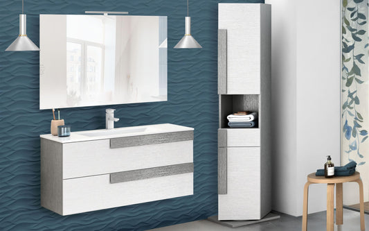 Dafne Italian Design Mobile da bagno sospeso Sandie colore grigio chiaro e bianco componibile cm 101x46x189 (base, lavabo, specchio) - colonna girevole anta dx cm. 35x34x180
