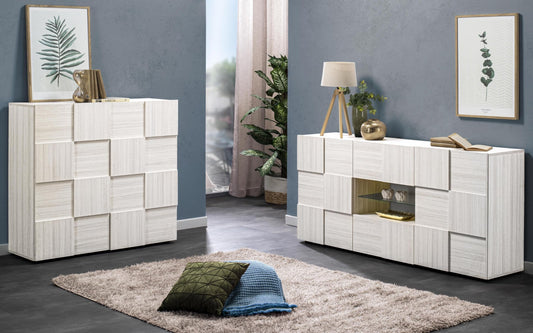 Mobili da soggiorno moderni "Dame" color bianco lucido: madia 2 ante cm. 121 x 43 x 111; madia 2 ante e 2 cassetti cm. 181 x 43 x 84