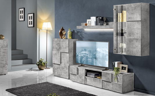 Dafne Italian Design Mobile da soggiorno moderno Dame colore grigio: base tv 187x43x42, pensile vetrina sospeso 78x31x113, mensola a muro 138x191x16, madia 2 ante 78x35x115