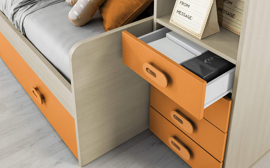 Dafne Italian Design Cameretta Completa a Ponte - Effetto Pino Chiaro, Bianco, Arancio (Letto Singolo e Armadio) (cm. 295 x 93 x 245h)