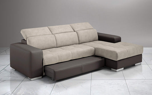 Dafne Italian Design Divano Letto angolare 3 posti con penisola a Destra. Similpelle Marrone, Similpelle Effetto Nabuk Beige (cm. 259 x 178 x 94h)