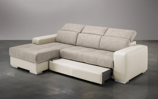 Dafne Italian Design Divano Letto angolare 3 posti con penisola a Sinistra. Similpelle Milk, Similpelle Effetto Nabuk Beige (cm. 259 x 178 x 94h)