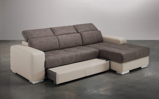 Dafne Italian Design Divano Letto angolare 3 posti con penisola a Destra. Similpelle Sabbia, Similpelle Effetto Nabuk Elephant (cm. 259 x 178 x 94h)