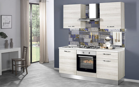 Dafne Italian Design Cucina completa di elettrodomestici (forno, lavandino, cappa cottura) ottimizza spazi - effetto olmo naturale - cm. 180 x 60 x 216