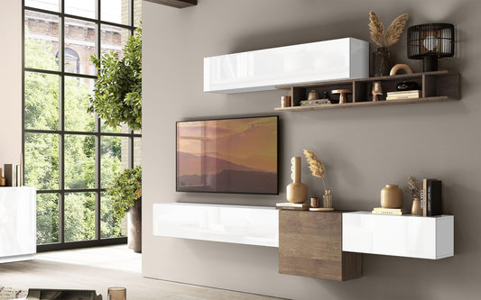 Dafne Italian Design Mobile da soggiorno moderno Fantasia misura cm. 262x30x205 colore bianco e noce: 4 moduli chiusi e mensola con vani a giorno.