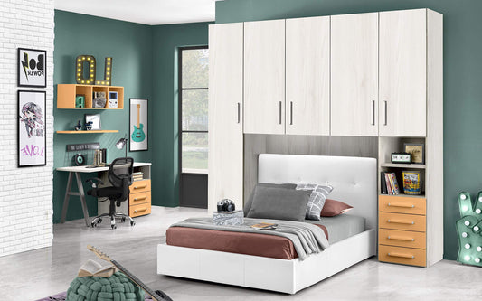 Cameretta a Ponte con Letto Bianco Una Piazza e Mezza - Composto da un'anta Lunga, 4 Ante Medie, Piccolo vano a Giorno e cassettiera.cm. 243 x 55 x 245