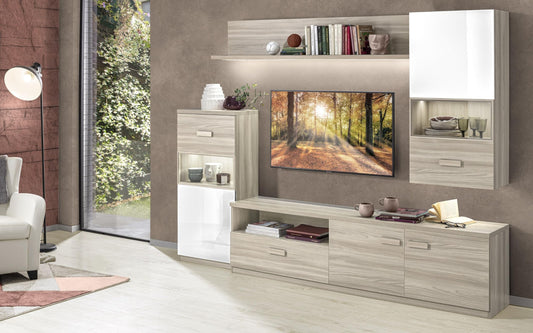 Dafne Italian Design Mobile da soggiorno moderno Pegy misura cm. 270x42x205 colore olmo naturale e bianco lucido: base tv, madia alta, pensile e mensola.