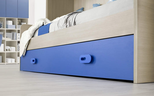 Dafne Italian Design TUTTOCAMERETTE.IT Cameretta Completa a Ponte 2 Letti - Effetto Pino Chiaro, Bianco, Cielo (Letto Singolo e Armadio) (cm. 295 x 93 x 245h)