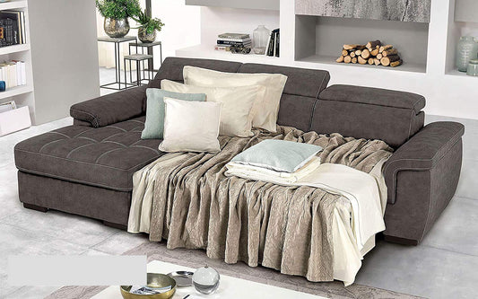 Dafne Italian Design Divano Letto angolare 3 posti con penisola a Sinistra. Similpelle Effetto Nabuk Granit Grey (cm. 287 x 176 x 96h)