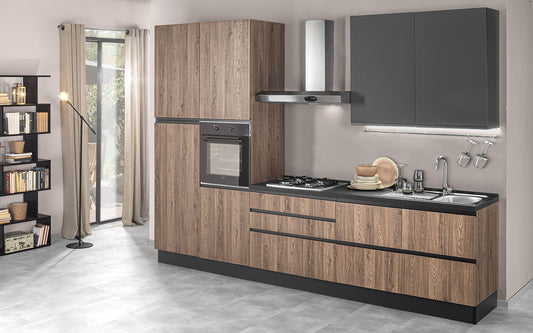 Dafne Italian Design Cucina completa di elettrodomestici (forno, lavandino, cappa cottura) stile Industrial - effetto rovere club, nero opaco, frigo a sinistra - cm. 330 x 60 x 243