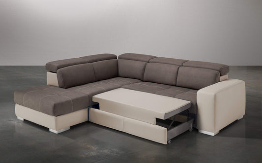 Dafne Italian Design Divano Letto angolare 3 posti con penisola a Sinistra. Similpelle Sabbia, Similpelle Effetto Nabuk Elephant (cm. 266 x 230 x 94h)