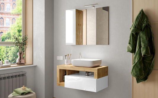 Dafne Italian Design Mobile da bagno sospeso Amby finitura bianco lucido e rovere cm 92x47x83 (base, lavabo, specchio, pensile)