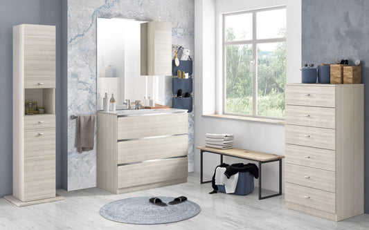 Mobile da bagno "Vichy" finitura bianco eucalipto composto da: componibile bagno sospeso cm 101x46x189 (base, lavabo, specchio, pensile) - colonna girevole cm. 35x35x180 - sestino a terra cm 60x45x126