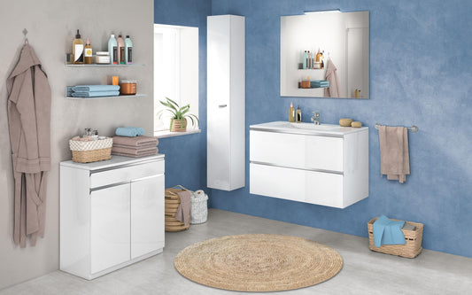 Mobile da bagno "Vichy" finitura bianco lucido composto da: componibile bagno sospeso cm. 81x46x189 (base, lavabo, specchio) - colonna sospesa cm. 25x27x160 - base mobile a terra cm. 69x34x85