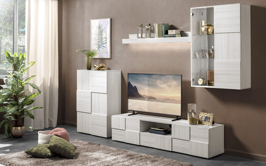 Mobile da soggiorno moderno "Dame" color bianco effetto legno: base tv 187x43x42, pensile vetrina sospeso 78x31x113, mensola a muro 138x191x16, madia 2 ante 78x35x115