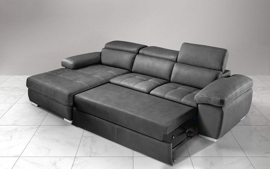 Dafne Italian Design Divano Letto angolare 3 posti con penisola a Sinistra. Similpelle Effetto Nabuk Cenere (cm. 265 x 182 x 97h)
