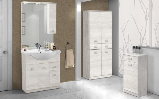 Mobile da bagno "Missy" finitura quercia bianca composto da: componibile bagno cm. 105x50x190 (base, lavabo, specchio, pensile) - colonna 2 ante cm. 69x34x150 - mobile con anta e cassetto cm. 34x34x80