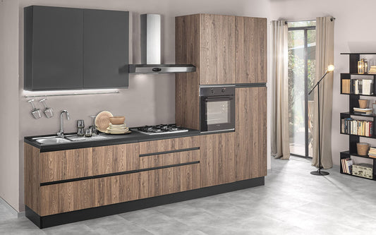 Dafne Italian Design Cucina completa di elettrodomestici (forno, lavandino, cappa cottura) stile Industrial - effetto rovere club, nero opaco, frigo a destra - cm. 330 x 60 x 243