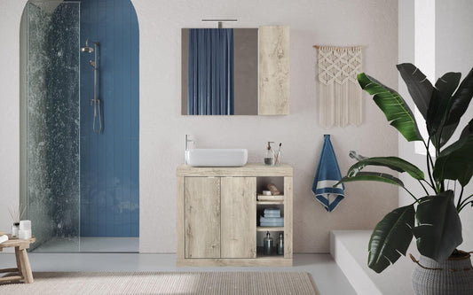 Dafne Italian Design Mobile da bagno componibile Basy colore legno chiaro cm 92 x 44 x 90 (base, lavabo, specchio, pensile)