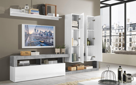 Dafne Italian Design Mobile da soggiorno moderno Amby color bianco lucido e grigio cemento cm. 277 x 35 x 205 (base tv, pensili, mensola)