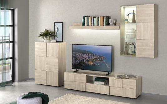 Dafne Italian Design Mobile da soggiorno moderno Dame colore legno chiaro: base tv 187x43x42, pensile vetrina sospeso 78x31x113, mensola a muro 138x191x16, madia 2 ante 78x35x115