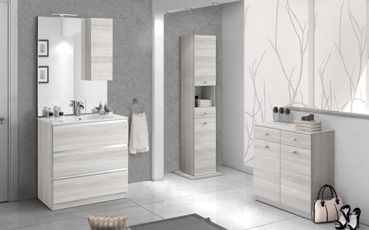 Mobile da bagno "Vichy" finitura bianco eucalipto composto da: componibile bagno cm 81x46x189 (base, lavabo, specchio, pensile) - colonna girevole cm. 35x35x180 - base mobile cm 69x34x85