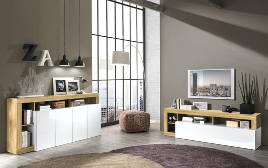 Dafne Italian Design Mobili da soggiorno moderni Amby color bianco lucido e rovere chiaro base tv cm. 184x41x58 e madia cm. 184x41x93