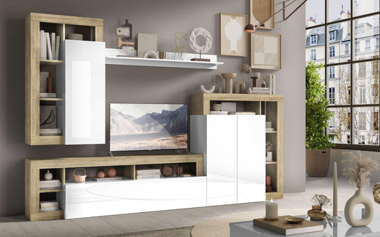 Dafne Italian Design Mobile da soggiorno moderno Amby color bianco lucido e rovere chiaro cm. 290 x 42 x 205 (base tv, pensile, libreria, madie, mensola)