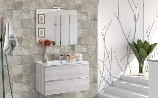 Mobile da bagno sospeso con lavabo cm. 80 x 46 x 51h. - colore legno chiaro -2 cassettoni con maniglia a gola, lavabo e specchio con luce a Led