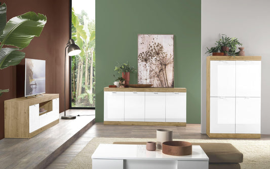 Mobile da soggiorno moderno stile nordico "Slimmy" colore bianco lucido e rovere comprende: base tv (cm.180x42x63); madia orizzontale (cm. 180x42x84); madia verticale (cm. 90x42x149)